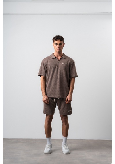 Erkek 2flyy Yazılı Yarım Fermuarlı Regular Fit T-shirt Şort Takım Kahve Kahverengi
