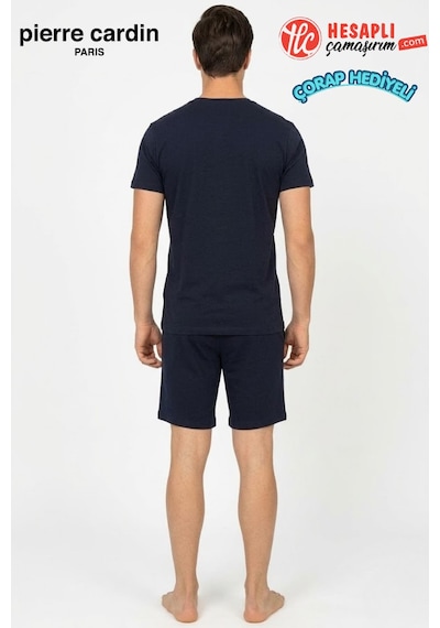 Pierre Cardin Paris Premium Erkek %100 Pamuk Baskılı Yazlık Rahat Kesim Şortlu Pijama Takımı Lacıvert