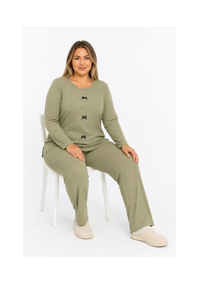 Sleeproom Büyük Beden Kadın Kaşkorse Mevsimlik Haki Pijama Takımı