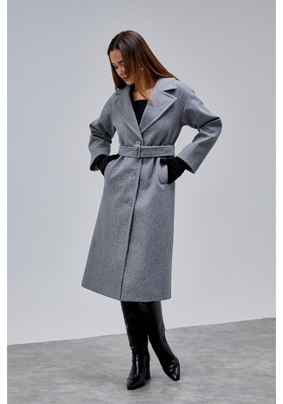 Gri Premium Oversize Kemerli Kaşe Kaban Gri