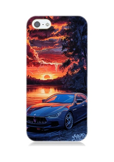 Apple Uyumlu iPhone 5 Spor Araba Ve Gün Batımı Desenli Silikon Kılıf