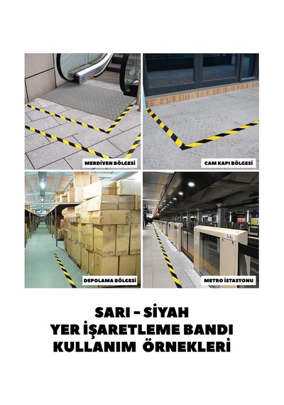 Sarı Siyah Yer İşaretleme Bandı Yapışkanlı Şerit Bant İkaz Bandı Çizgili Bant
