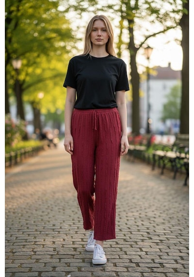 Eren Style Kadın Geniş Paça Pantolon Bordo