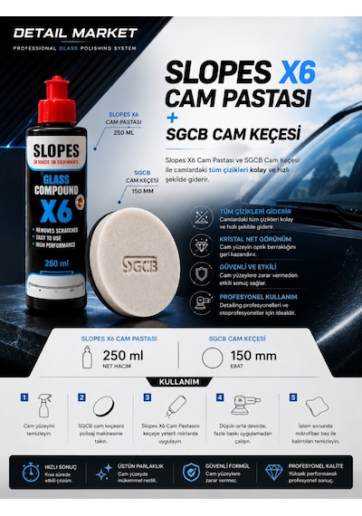Slopes Cam Çizik Giderici Pasta 250 Ml Ve Sgcb Cam Keçesi 150 Mm Set