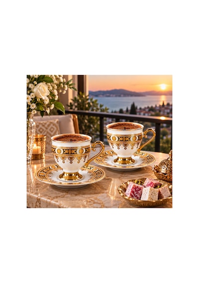 6 Lı Ayaklı Porselen Kahve Fincanı Takımı Siyah Gold Desenli 6 Kişilik Şık Sunum Seti Altın