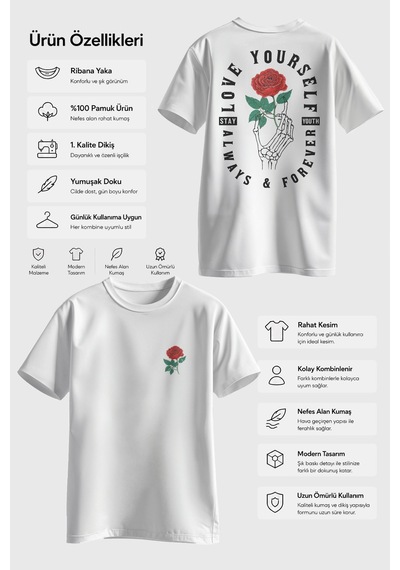Spoyi Forever Rose Tasarımlı %100 Pamuk Yarım Oversize Beyaz T-lhirt