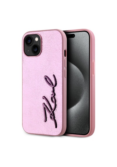 Apple Uyumlu iPhone  15 Kılıf Karl Lagerfeld Lisanslı 3d Kl Yazılı Tüylü Arka Yüzey Saffiano Rhinestones Pembe