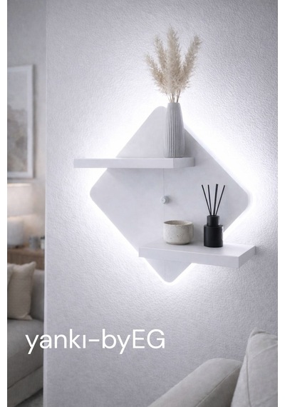 Yankı-byeg Mat Beyaz Mdf Led Işıklı Elektrik Bağlantılı Uçan Duvar Rafı Aydınlatma Dekoratif Raf Beyaz