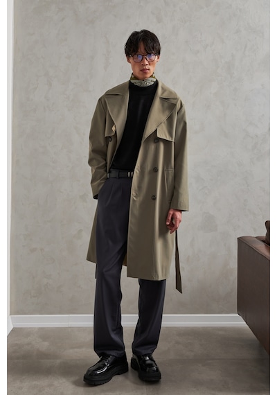 Erkek Kruvaze Yaka Oversize Trençkot Haki