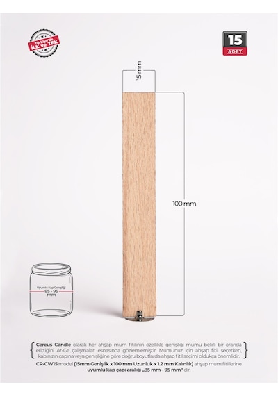 Ahşap Mum Fitili 15 Mm Genişlik Kalın Mumlar İçin, Nikel Kaplama Çelik Taban, 3m Köpük Bantlı, 15 Li Set Cereus Ahşap