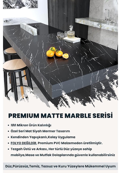 Technojet Kendinden Yapışkanlı Mat Mermer Desen Folyo Mutfak Banyo Tezgah Duvar Kaplama 60cmx500cm Siyah