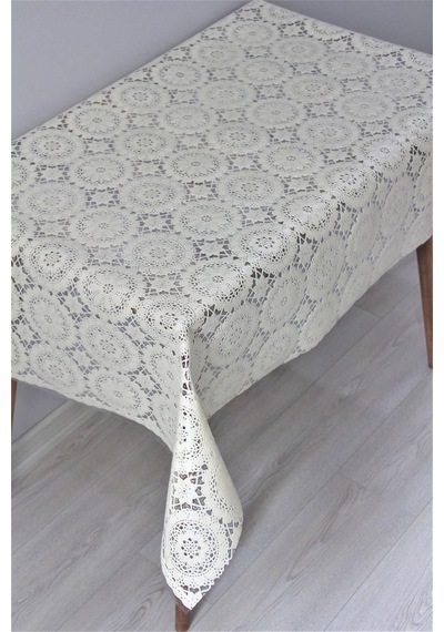 Pvc Şeffaf Kaplama Muşamba Masa Örtüsü - Motifdantel-016 Krem