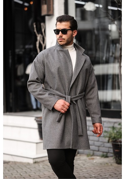 Mero Life Erkek Gri Kemerli Oversize Rahat Kesim Kaşe Kaban Gri