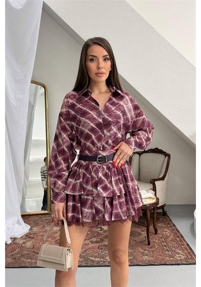 Neşeli Butik Kadın Bordo Gömlek Yaka Kat Kat Ekose Desen Mini Elbise Nbnp025 Bordo