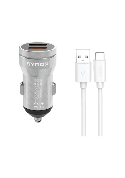 Syrox Sc20t 3.1a Q.c. 3.0 1mt Usb-a - Type-c Kablolu 2xusb-a Port Çıkışlı Hızlı Araç Şarj Cihazı - Siyah
