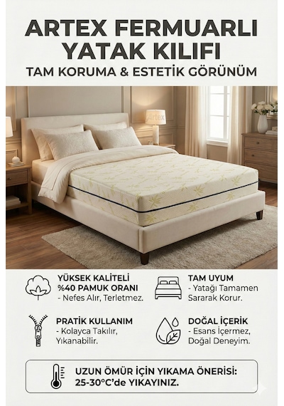 Kılıf Bambu 180x200 Yatak Kılıfı Koruyucusu Örtüsü Fermuarlı Kapitone Fit Zippered Mattress Cover Natural