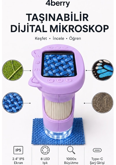4berry Taşınabilir Fotoğraf Çekebilen Dijital Mikroskop 1000x 2.4 Ips Ekran, 2 Mp Kamera, 8 Led Işık, Type-c Şarjlı Mor