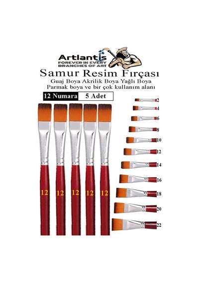 Yassı Uçlu 12 Numara Resim Fırçası 5 Li 1 Paket Samur Kesik Uçlu Fırça Seti Guaj Sulu Akrilik Yağlı Boya Fırçaları