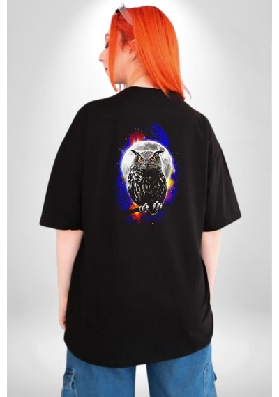 Baykuş Ay Gece Uğur Pamuklu Unisex Oversize Sırt Dijital Baskılı Siyah T-shirt Siyah