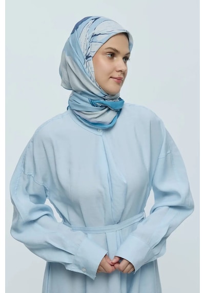 Moda Kaşmir Şakayık Desen Bambu Eşarp Mavi - Gri