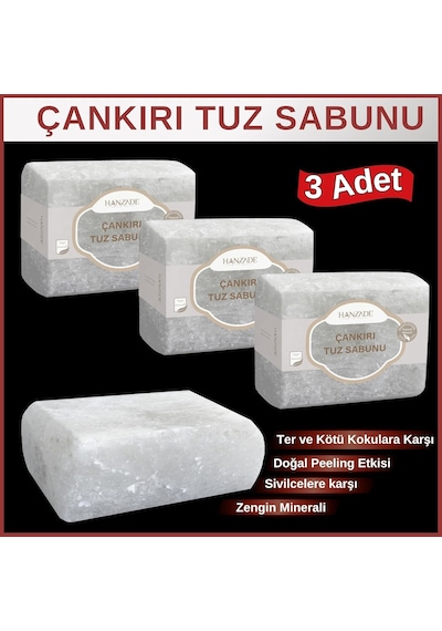 Hanzade Bitkisel Çankırı Tuz Sabunu 300-350 Gr X 3 Adet Zengin Mineralli Doğal Saf Çankırı Kaya Tuzu Sabunu 285 ML