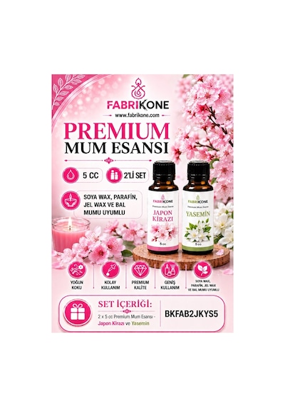 Premium Mum Esansı 5 Cc 2'li Set - Japon Kirazı, Yasemin - Soya Wax, Parafin, Jel Wax Ve Bal Mumu Uyumlu Bkfab2jkys5 Karışık