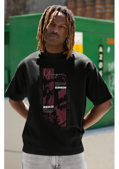 Eren Yeager Zeke Beast Titan Roque Titan Baskılı Unisex Oversize Siyah