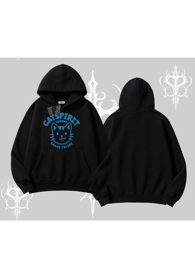 Startmore Catspirit Sunday Brave Feline Yazılı Kedi Baskılı Kapşonlu Sweatshirt Siyah