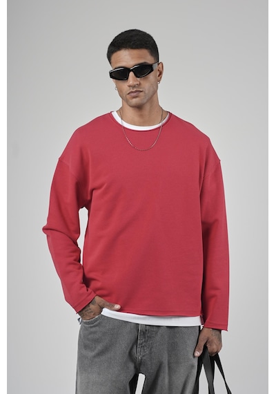 Pis Yaka Oversize Kesim Erkek Düz Sweatshirt Kırmızı