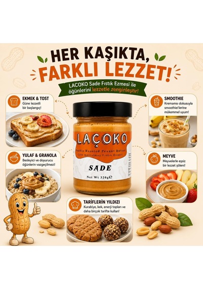 Laçoko 320 Gram Şekersiz, Katkısız, Glutensiz, Vegan, Doğal Çifte Kavrulmuş Yer Fıstığı Ezmesi 320 Gram Diğer