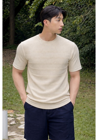 Tarz Cool Fitilli Triko Tişört Erkek Slim Fit Yazlık Premium Basic Üst Bej