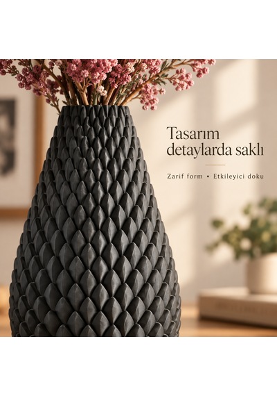 Kabartma Desenli Dekoratif Vazo 20 Cm Modern Tasarım Siyah