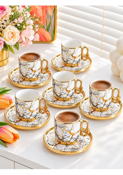 Valkyrie 12 Parça 6 Kişilik 80 Ml Türk Kahvesi Fincan Takımı Gold Mermer Desenli