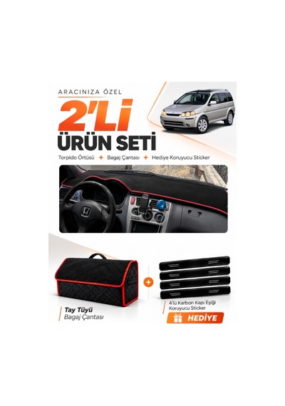 Honda Hr-v 1998-2005 Uyumlu Torpido Örtüsü + Tay Tüyü Bagaj Çantası + Sticker Seti - Siyah Kırmızı