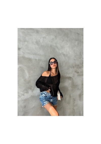 De Pose Ajurlu Sonbahar Triko Oversize Bluz Kazak Siyah