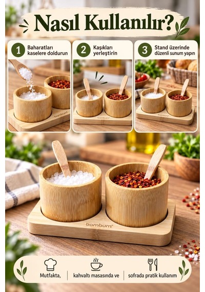 Atbyhome Bambum 5 Parça Bambu 2'li Baharatlık Seti - Kaşıklı Masa Üstü Baharat Kasesi Ve Servis Standı Sunumluk