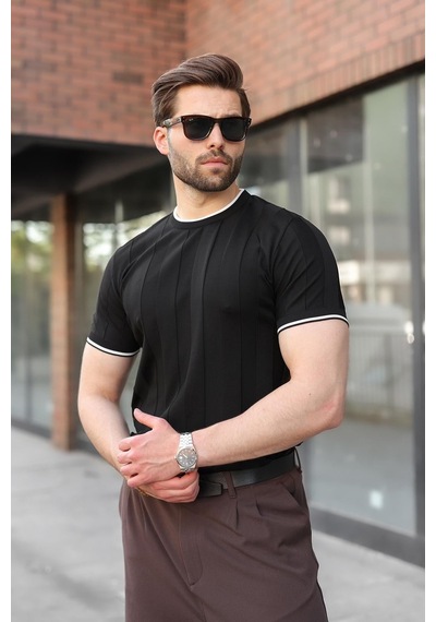Madmext Siyah Bisiklet Yaka Regular Fit Triko Erkek Tişört E7487