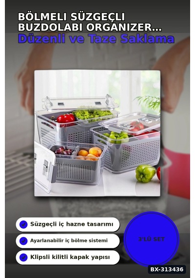 Bölmeli Süzgeçli 3 Parça Buzdolabı Organizer Seti 2.5-5-9 Litre Kilitli Kapak Bx-313436 Diğer