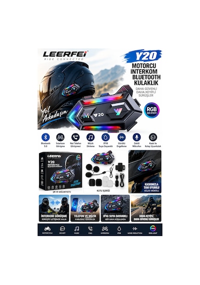 Y20 Lf-y20 Motosiklet Kask Bluetooth Kulaklığı Rgb Işıklı Bluetooth 5.3 Ipx6 1000 Mah Type-c