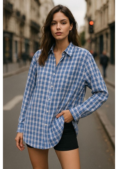 Rich Kadın Mavi Beyaz Oversize Ekoseli Gömlek Over Fit Relaxed Gömlek Çok Renkli