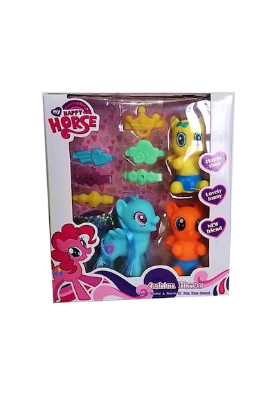 Sevimli Pony At Ailesi Ve Aksesuar Seti - Tokalı Stickerlı 3'lü Figür Oyuncak Hayvanlar