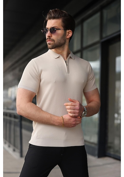 Madmext Taş Rengi Yarım Fermuarlı Polo Yaka Triko Erkek Tişört E7459 Taş
