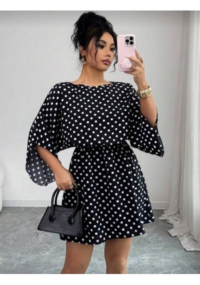Efnaz Style Kadın Puantiyeli Örme Krep Mini Elbise Kemersiz Siyah
