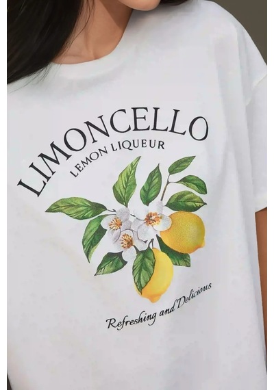 Hiccup Kadın %100 Pamuk Bisiklet Yaka Oversize Beyaz Baskılı T-shirt Kehribar Sarısı