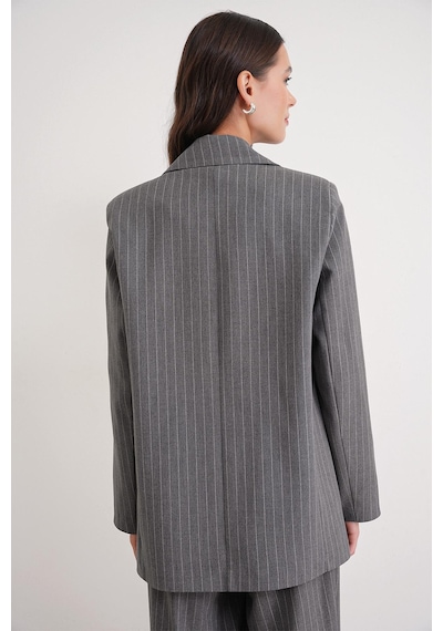 Mixray 4753 Kadın Çizgili Oversize Blazer Ceket Gri