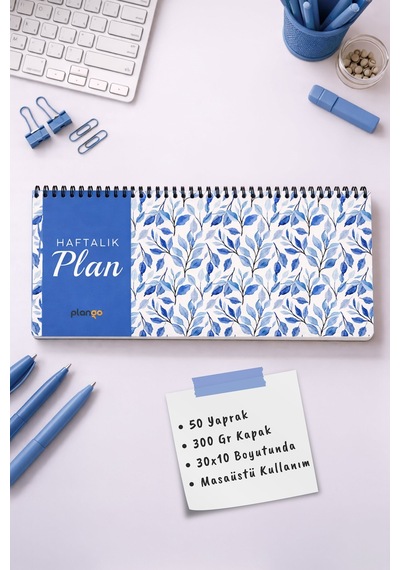 Tarihsiz Spiralli Haftalık Masaüstü Planlayıcı - Yapraklar - 10x30 Cm Plango Turkuaz