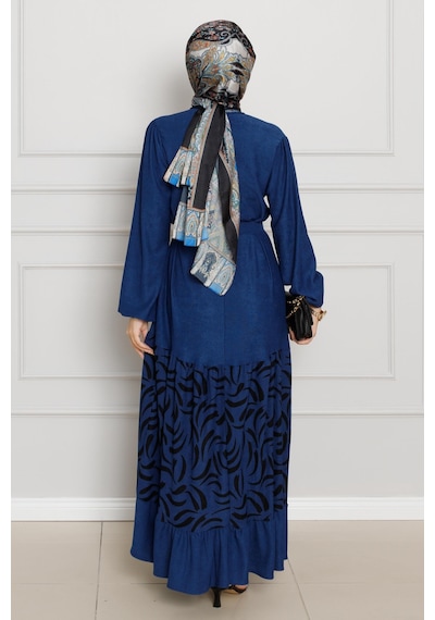 Sevitli Eteği Desenli Karin Elbise-saks Mavi-4269-saks Mavi Saks Mavi