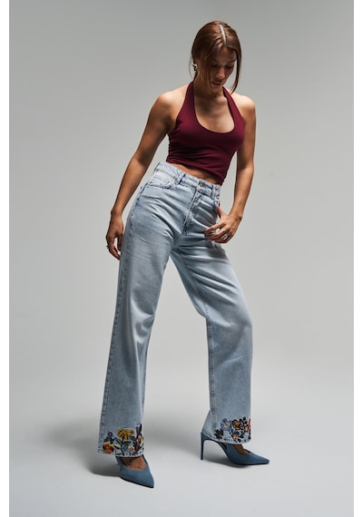 Itsbasic Kadın Ice Kot Rengi 4s5-3 Straight Fit Çiçek Nakışlı %100 Koton İç Boy 80 Cm Tasarım Denim Jean Buz Mavi