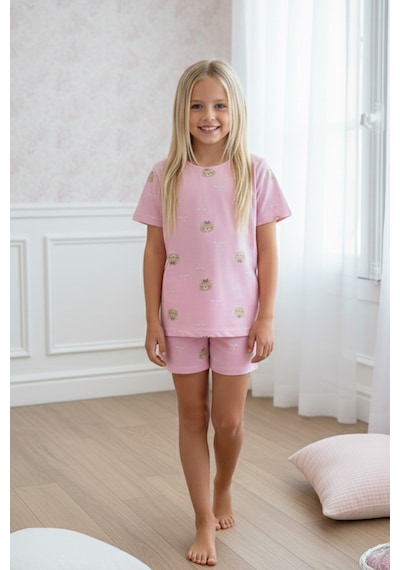 Siyah İnci Pembe Desenli Pamuklu Bisiklet Yaka Örme Şortlu Pijama Takım