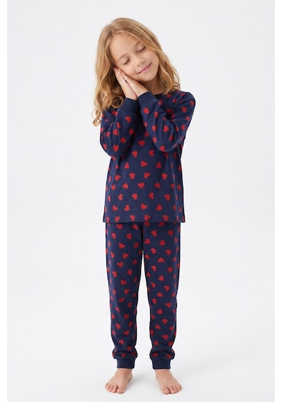 Bunny Hopp Kız Çocuk Uzun Kollu Pijama Takımı %100 Pamuk Lacivert Kırmızı Kalpli Penye